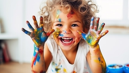 portrait of a happy smiling child with painted hands and face