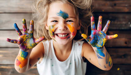 portrait of a happy smiling child with painted hands and face