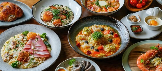 Variety of dishes: truffle soup, fried rice, tom yum kung, salmon salad, pizza with parma ham, prawn, carbonara pasta. - obrazy, fototapety, plakaty