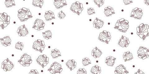 Vector illustration. Contour pattern. Cakes, donuts, croissants, macarons in sketch style. Hand drawn food elements. Desserts and sweets food doodle background with copy space for text.