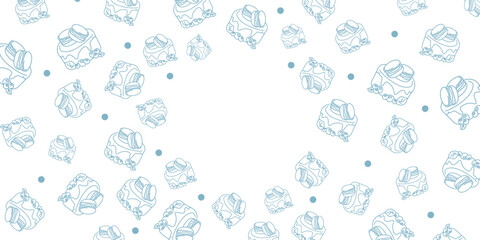 Vector illustration. Contour pattern. Cakes, donuts, croissants, macarons in sketch style. Hand drawn food elements. Desserts and sweets food doodle background with copy space for text.