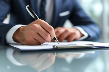 A man in a business suit analyzing the terms of a contract and highlighting contentious issues, business, audit, financial operations