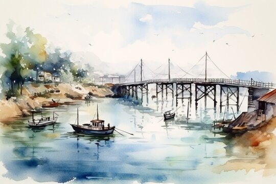 Watercolor painting. Sea landscape with blue water, boats and bridge. Generative AI