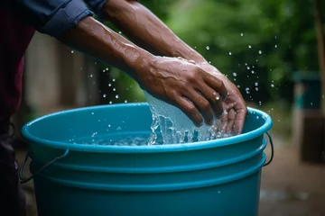 Foto op Plexiglas A person collecting rainwater in a bucketglobal water crisis, ecology, water saving. Generative AI © Saskia