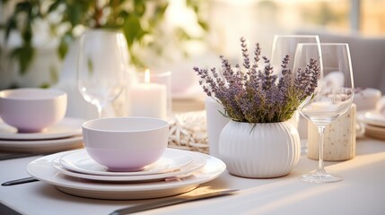  a close up of a table with plates, cups, and a vase with a plant in the middle of it.