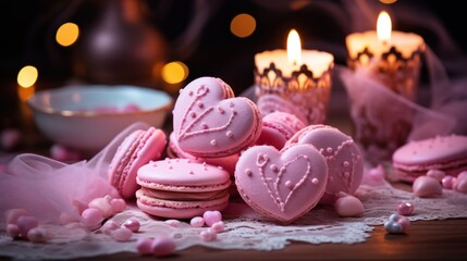  a pile of pink cookies sitting on top of a table next to a cup of tea and a lit candle.