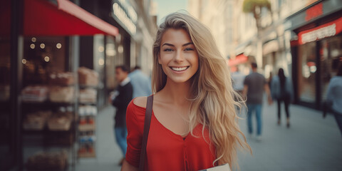 Fototapeta premium the girl walks in the shopping district of the city