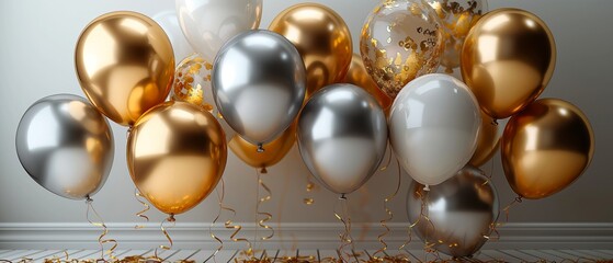 Celebration background with arranged white, silver and gold balloons. Happy Birthday Balloons with confetti. Digital festive art for poster, template, flyer, banner background or design element.