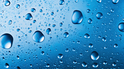 Water drops on a blue reflective surface