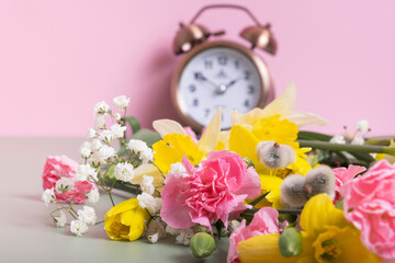 Spring flowers daffodils and willow with defocused alarm clock. Spring time, daylight savings concept, spring forward