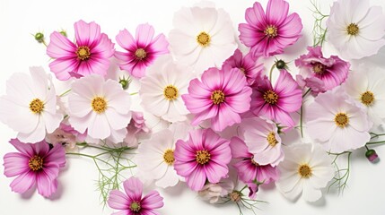  a bunch of pink and white flowers laying next to each other on a white surface with a yellow center surrounded by smaller pink and white flowers.