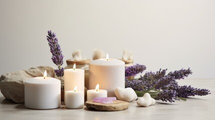 Fototapeta na wymiar a group of candles sitting on top of a table next to a bunch of lavenders and a candle holder.