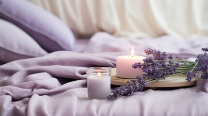 Obraz na płótnie Canvas a couple of candles sitting on top of a bed next to a lavender flower and a jar of lavender oil.