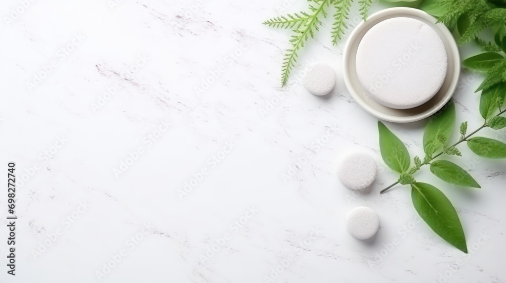 Wall mural  a white table topped with green leaves next to a bowl filled with white pills and a cup of pills on top of it.