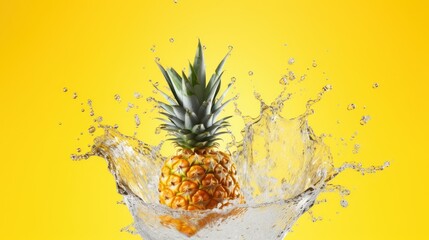  a pineapple splashing into a glass of water on a yellow background with a splash of water on it. - obrazy, fototapety, plakaty