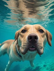 Playful Labrador exploring underwater depths - obrazy, fototapety, plakaty