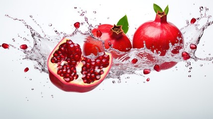  a group of pomegranates with water splashing around them on a white background with a splash of water.