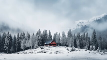 A minimalist image of a very old mountain cabin in snowy mountains, a forest with snow-covered trees on the side