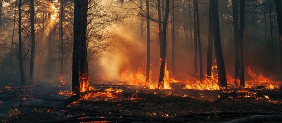 Forest fire in a mix of woods.