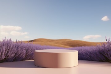 round podium for the presentation of luxury products. landscape with lavender fields in the...