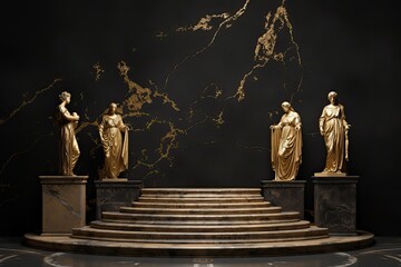 round podium with gold-plated Greek pillars for the presentation of luxury products. stone rome stand with glowing light arch and ancient marble columns. dark background - obrazy, fototapety, plakaty