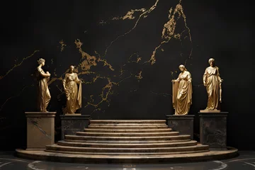 Deurstickers round podium with gold-plated Greek pillars for the presentation of luxury products. stone rome stand with glowing light arch and ancient marble columns. dark background © valentina