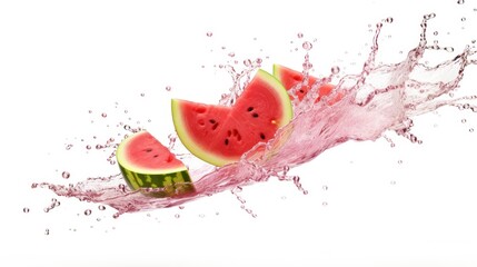  a slice of watermelon splashing into the water with a slice of watermelon in the foreground.