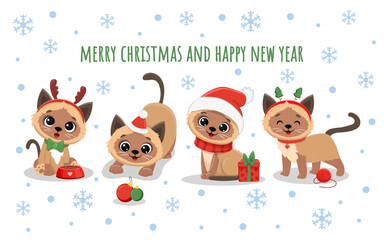 Cute cartoon siamese kitten Isolated on white. Christmas Illustration for design, banners, children's books and patterns. Funny cats in santa hat. Vector illustration