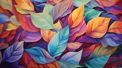 Fototapeta premium a painting of a bunch of leaves on a red and blue background with oranges, yellows, and purples.