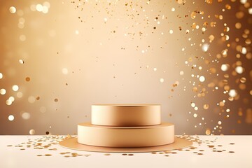 round beige podium for the presentation of luxury products. silver gold glitter and light cream...