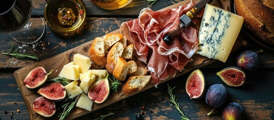 Prosciutto and cheese appetizers with figs on a wooden board, top view. - obrazy, fototapety, plakaty