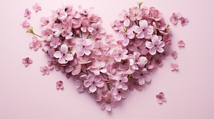  a heart - shaped arrangement of pink flowers on a pink background with space for the word love written in the center.
