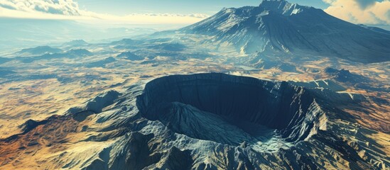 View of a large volcano crater from the planet's surface is challenging for life. - Powered by Adobe