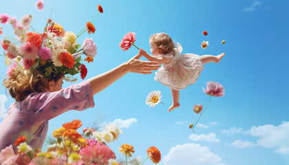 happy mother and child playing in the meadow