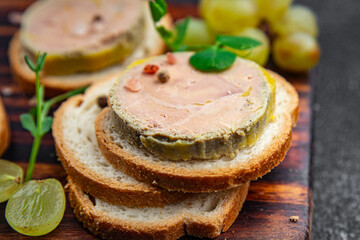 foie gras sandwich fresh goose or duck liver eating cooking appetizer meal food snack on the table copy space food background rustic top view