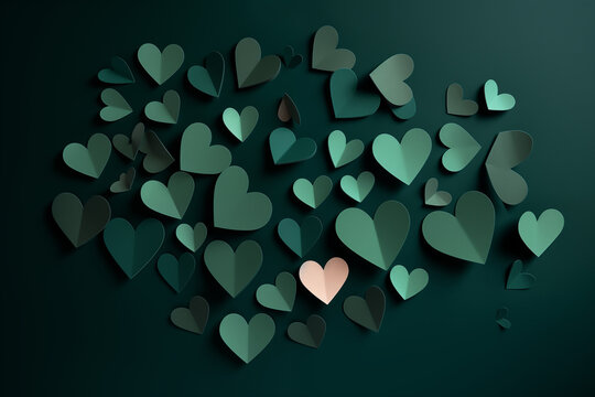 Hearts Aglow: Intricate Paper Cutouts Dance on a Rich Dark Green Canvas, Crafting a Tale of Love and Artistry