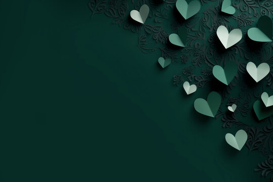 Heartfelt Silhouettes: Cutout Paper Hearts Adorning a Rich Dark Green Canvas