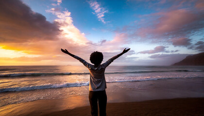 Fototapeta na wymiar Silhouette of person by ocean at sunrise, arms outstretched, embracing freedom and joy of life