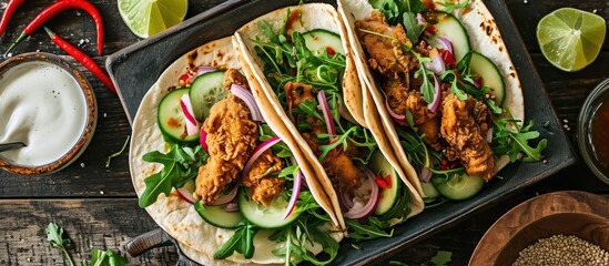 Step 5: Tasty Mexican burritos or tacos for lunch with fried chicken, arugula, cucumber, radish, red onion, and wheat tortilla sauce. - obrazy, fototapety, plakaty