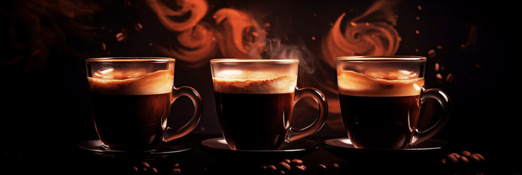 Three steaming cups of coffee on black background with scattered coffee beans.