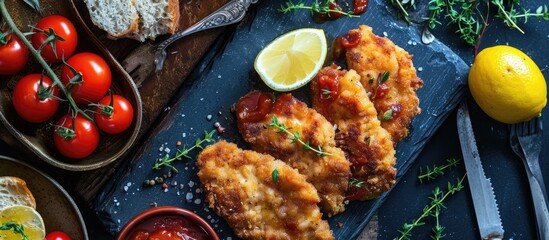 Breaded chicken cutlets with tomato sauce, lemon, thyme, and tomatoes on a dark table.