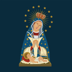 VECTORS. Editable banner for Virgin Mary (or the Virgin of Altagracia in Dominican Republic) and baby Jesus