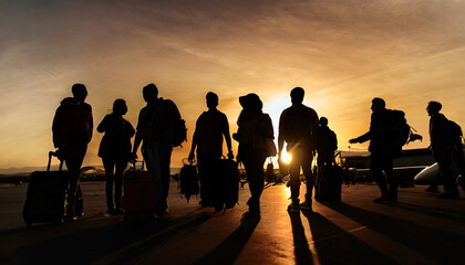 Silhouette of bustling airport crowd at sunset, travelers in motion, bustling terminal, travel, journey, transit, diverse people - obrazy, fototapety, plakaty