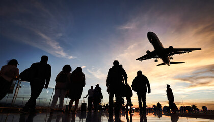 Fototapeta na wymiar Silhouette of bustling airport crowd at sunset, travelers in motion, bustling terminal, travel, journey, transit, diverse people