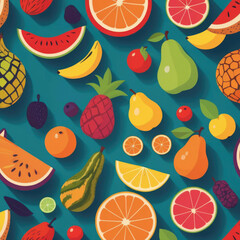 Exotic Fruits Pop Art - Assortment of vibrant exotic fruits in a flat digital pop art style with geometric patterns and backgrounds Gen AI