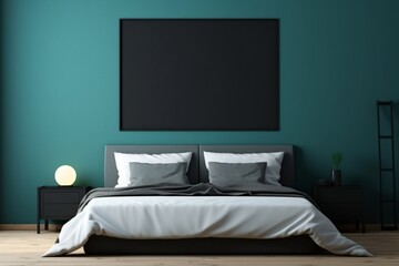 A close-up shot of a dark-themed bedroom with a black bed and an empty mockup frame on a deep blue wall. Blank empty mockup frame.
