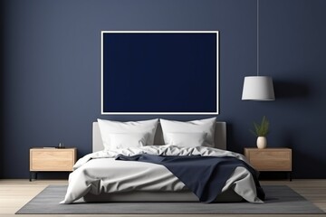 A contemporary room with a dark bed and a blank empty mockup frame hanging on the navy blue wall. Blank empty mockup frame.