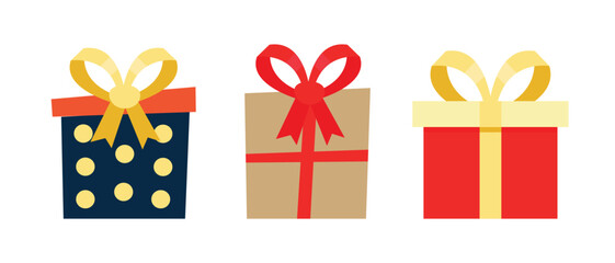 2025 multicolored gift boxes with gold ribbon gift bow set. Christmas decoration in flat style Vector illustration