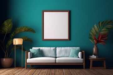 A cozy tropical lounge featuring an empty mockup frame against a deep blue wall. Blank empty mockup frame.