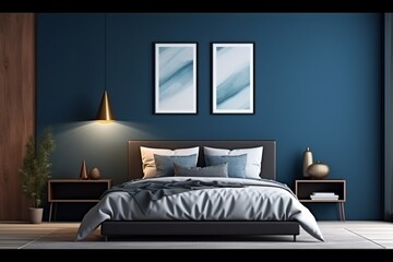 A dark-themed bedroom featuring a side view of the bed, with a sleek marble floor and an empty mockup frame on the deep blue wall. Blank empty mockup frame.
